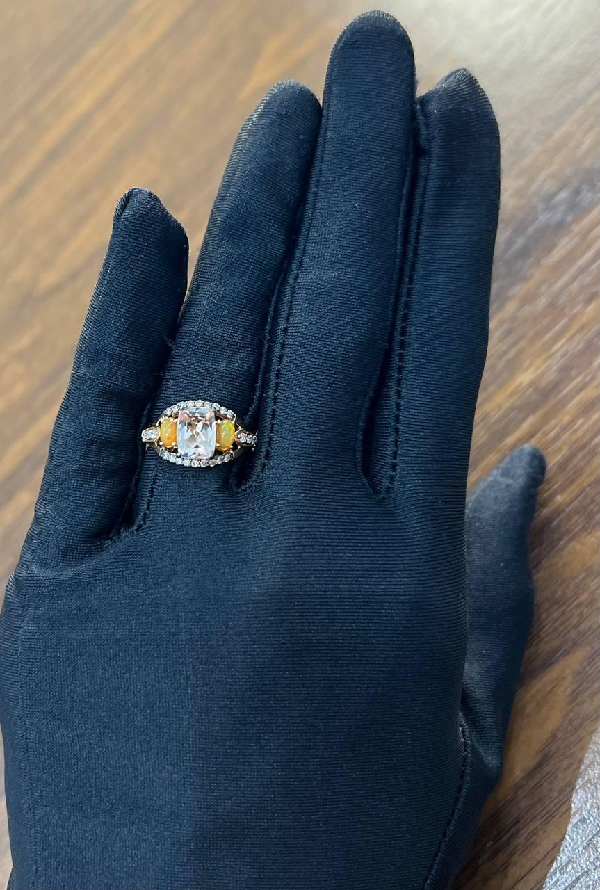 Cushion Light Peach Pink Morganite Orange Opals Diamonds 14KRose Gold Band Ring For Sale 4