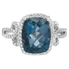 Cushion London Blue Topaz and Diamond Ring 3.65ct in 14K White Gold Size 7