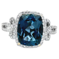 Bague coussin en or blanc 14K avec topaze bleue de Londres et diamant 3.65ct Taille 7