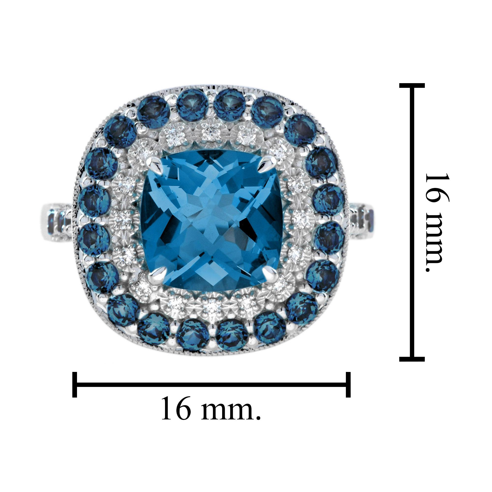 Cushion London Blue Topaz & Diamant Double Halo Statement 14K Weißgold Ring Damen im Angebot