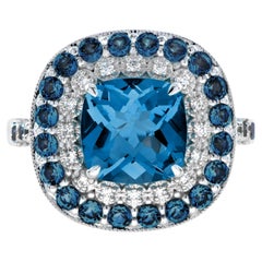 Cushion London Blue Topaz & Diamond Double Halo Statement 14K White Gold Ring