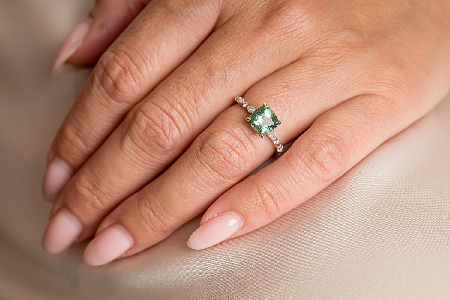 Romantic Cushion Mint Tourmaline Diamond 18 Karat White Gold Engagement Ring For Sale