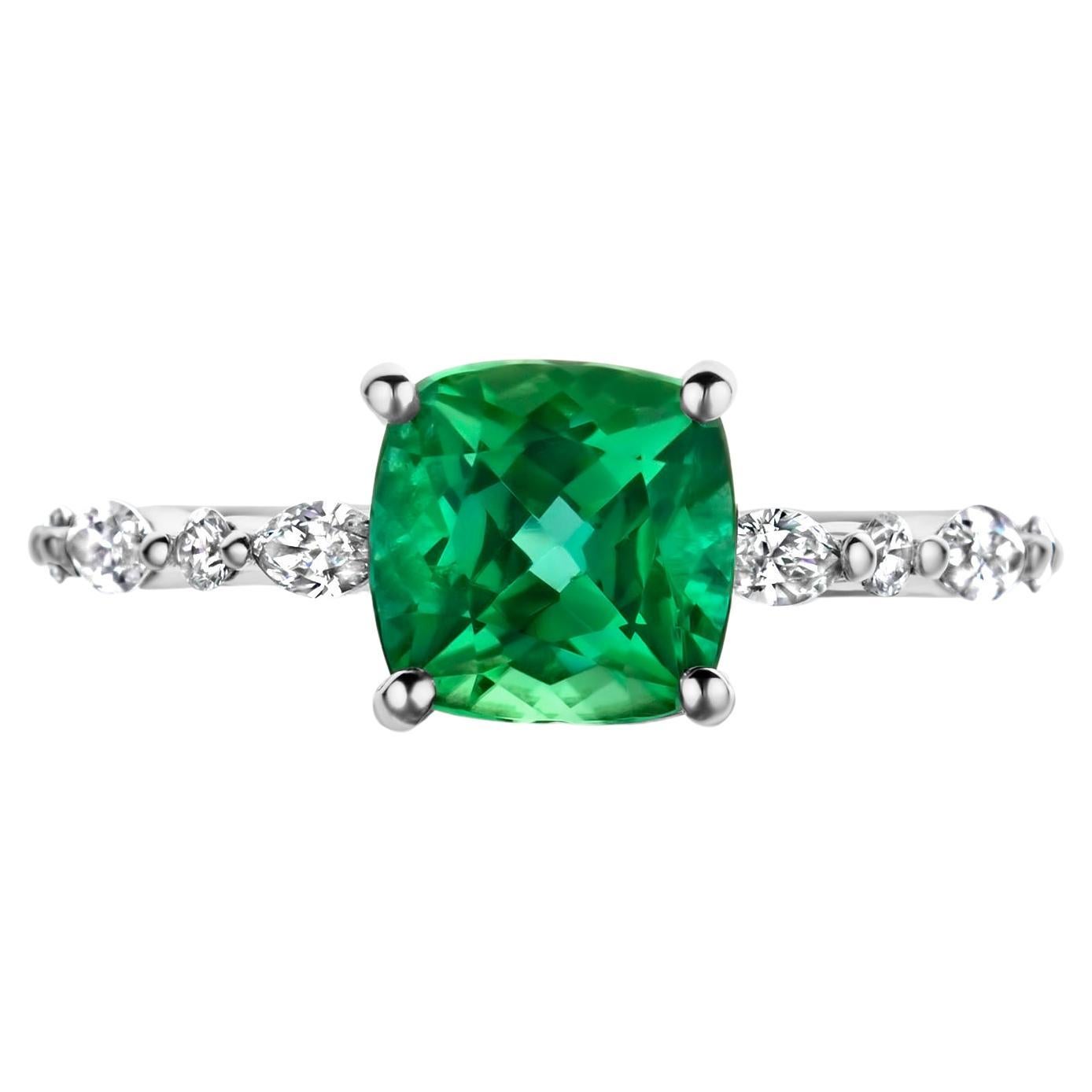 Cushion Mint Tourmaline Diamond 18 Karat White Gold Engagement Ring For Sale