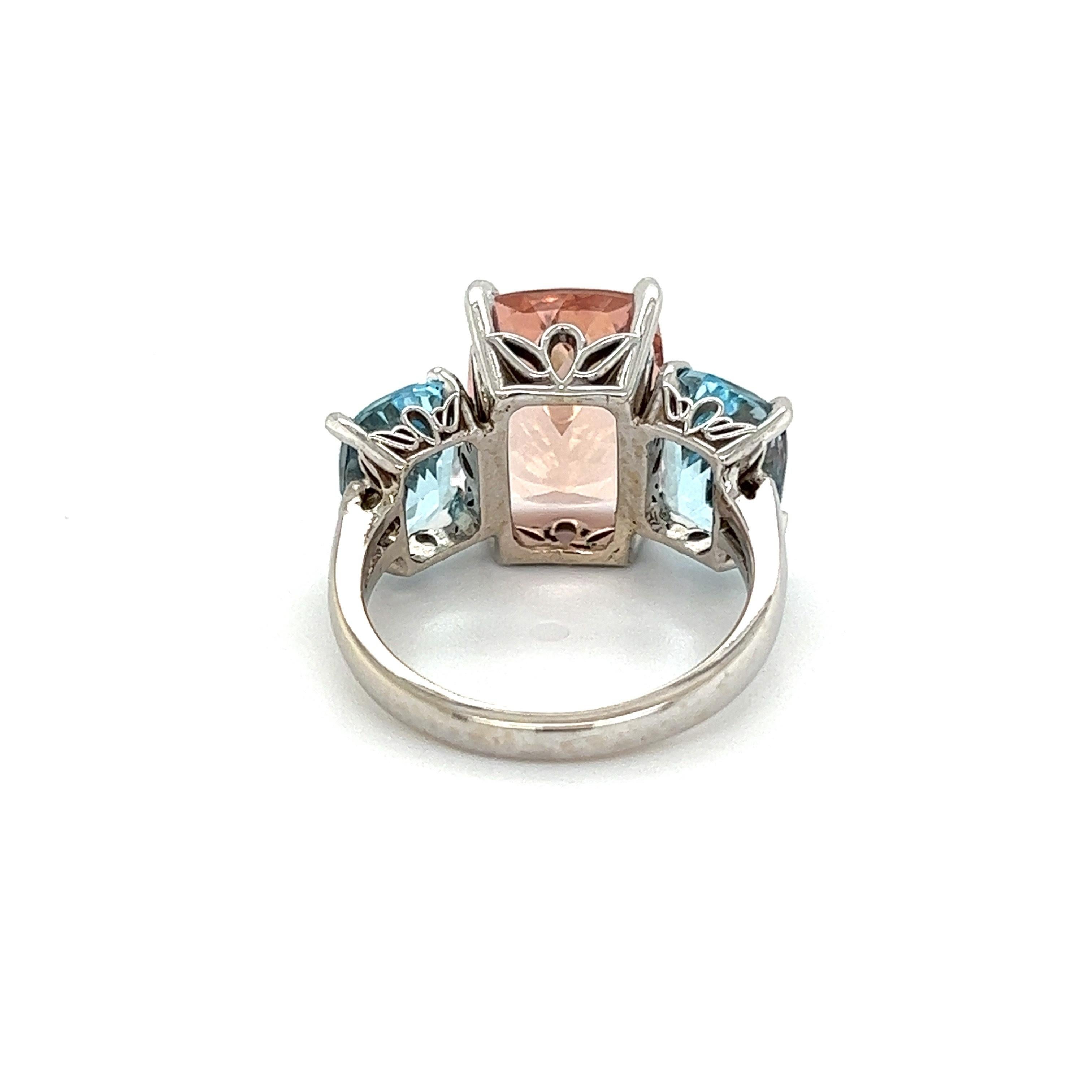 Modern Cushion Morganite and Cushion Aquamarine 3 Stone Vintage Gold Band Ring  For Sale