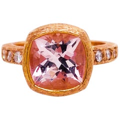 Cushion Morganite and Diamond Band 14 Karat Gold Custom Ring with Satin Finish