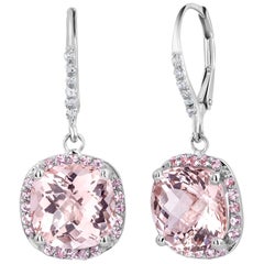 Cushion Morganite and Diamond Drop Hoop Earrings