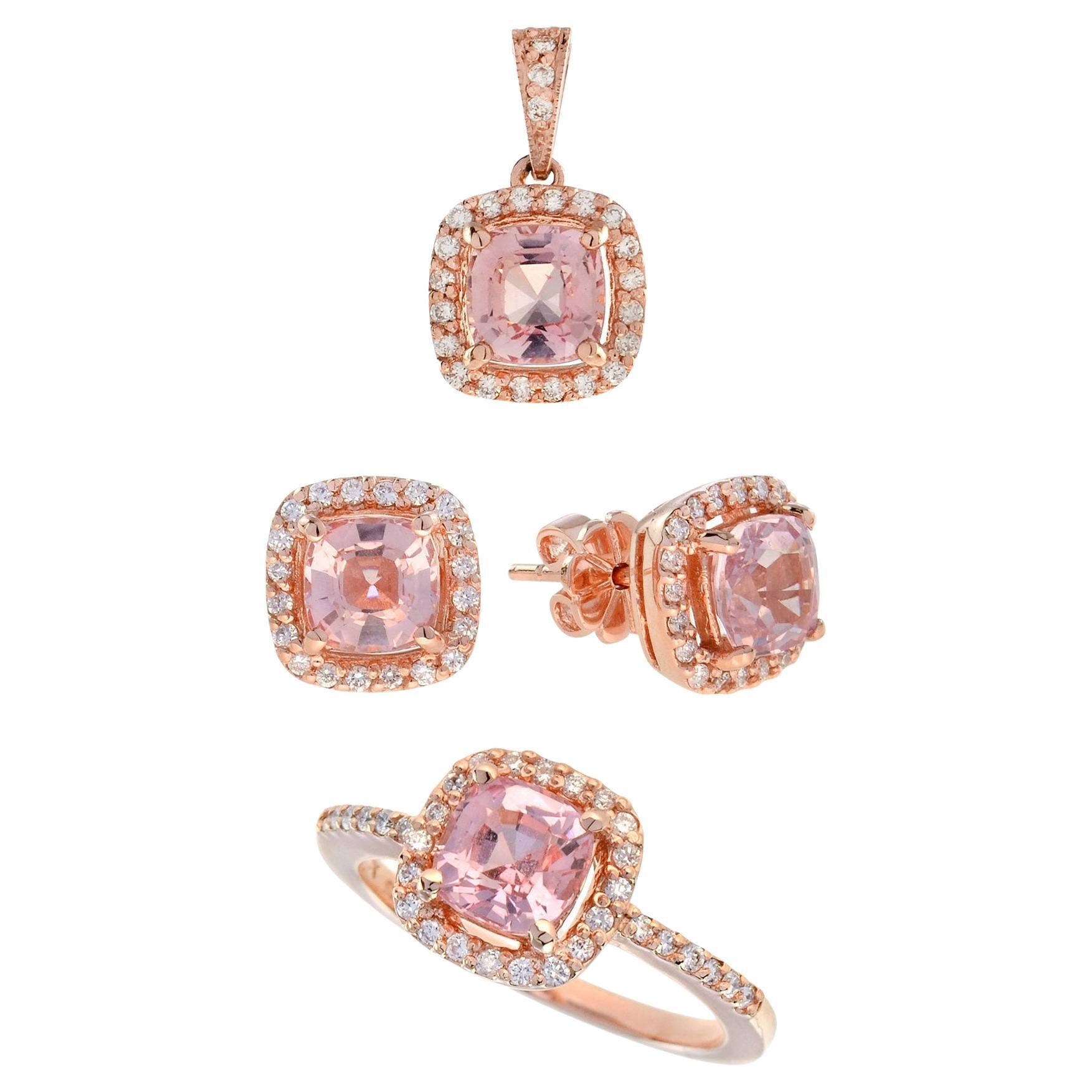 For Sale:  Cushion Morganite and Diamond Lover Set in 14K Rose Gold