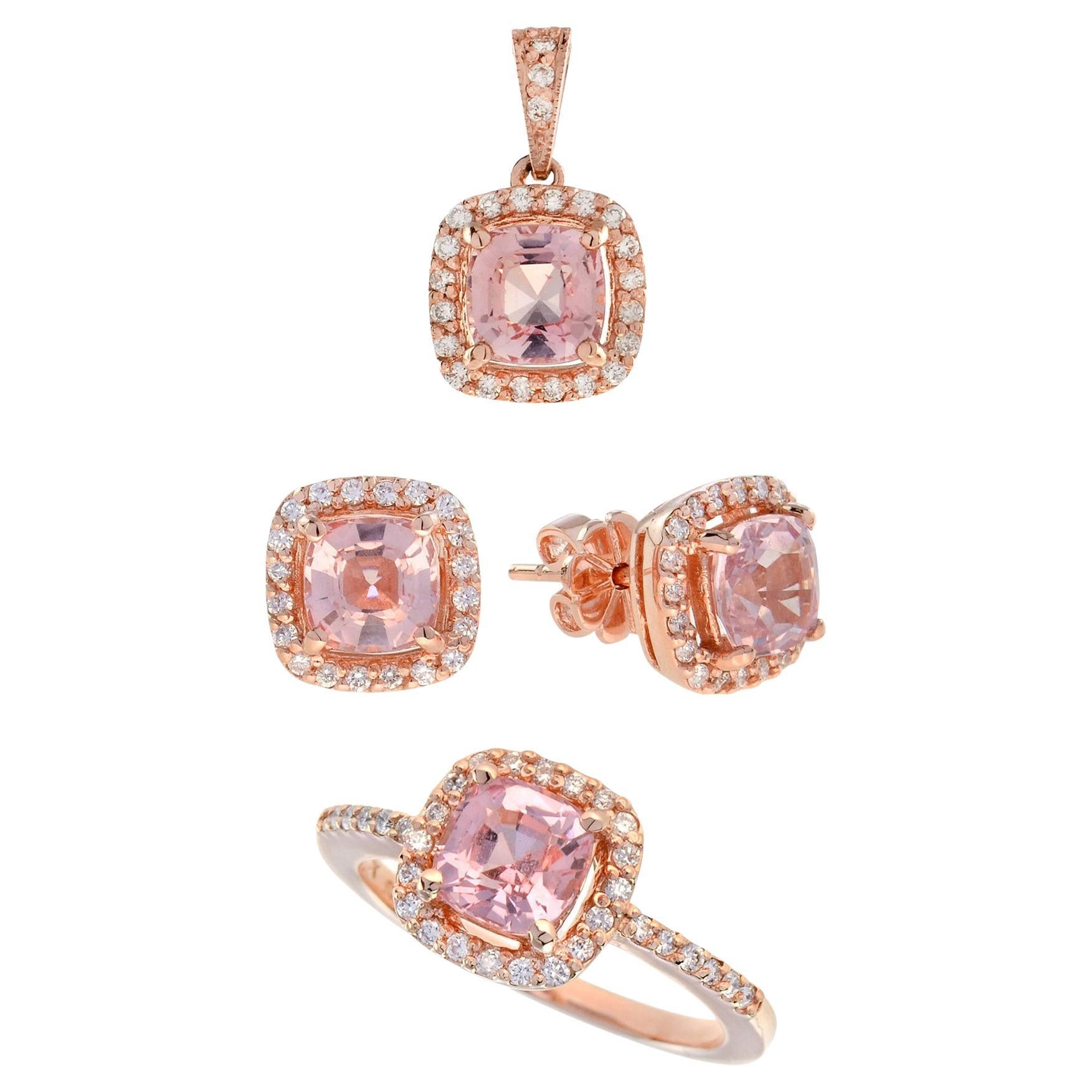 in vendita:  Parure di Morganite e diamanti con cuscino in oro rosa 14 carati