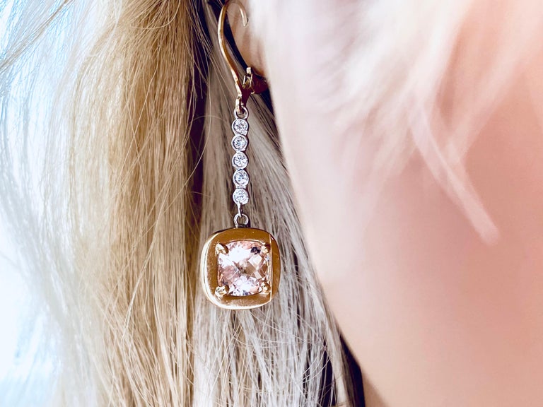 Contemporary Cushion Morganite and Diamonds White and Yellow Gold Lever Back Earrings For Sale