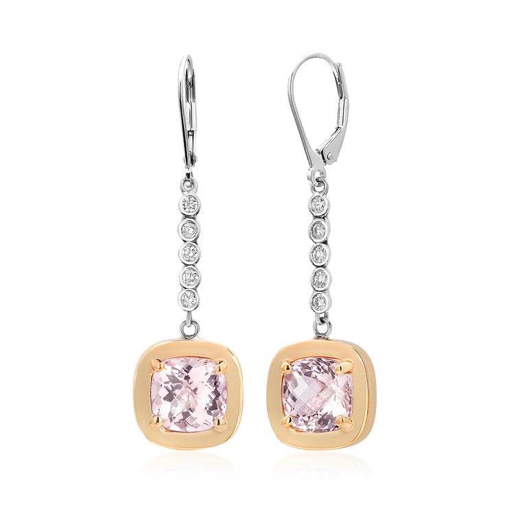 Cushion Cut Cushion Morganite and Diamonds White and Yellow Gold Lever Back Earrings For Sale