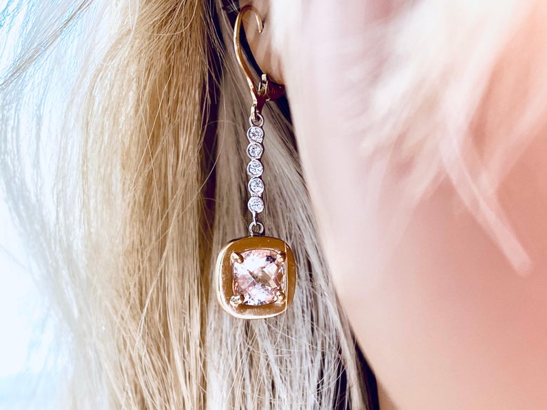 Cushion Morganite and Diamonds White and Yellow Gold Lever Back Earrings In New Condition For Sale In New York, NY