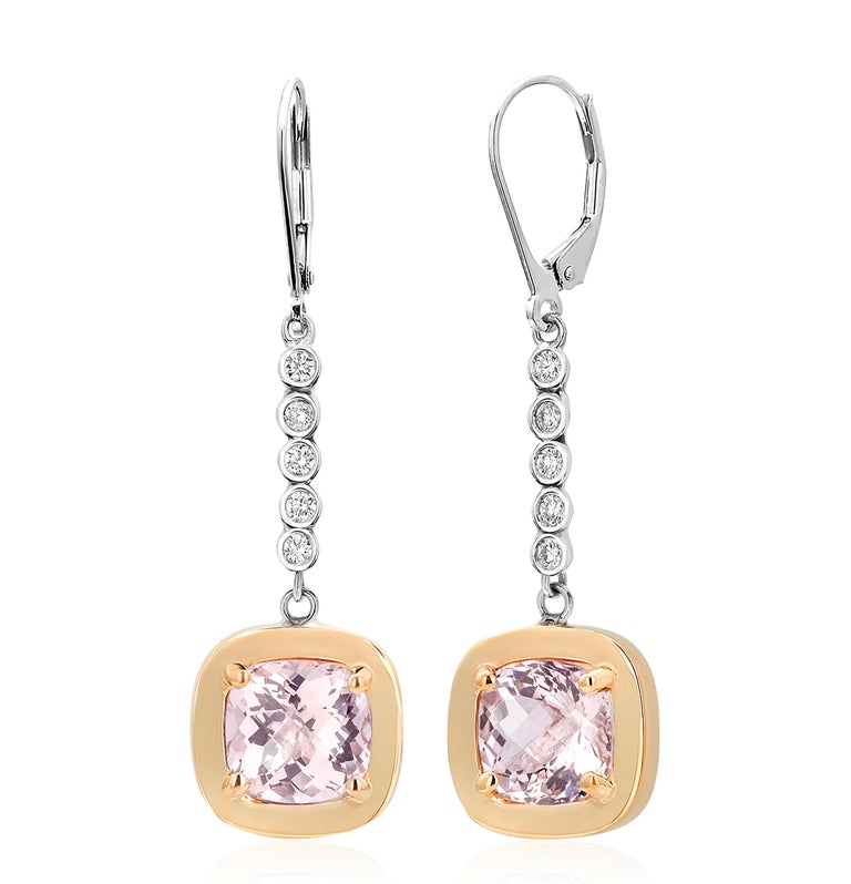 Women's or Men's Cushion Morganite and Diamonds White and Yellow Gold Lever Back Earrings For Sale