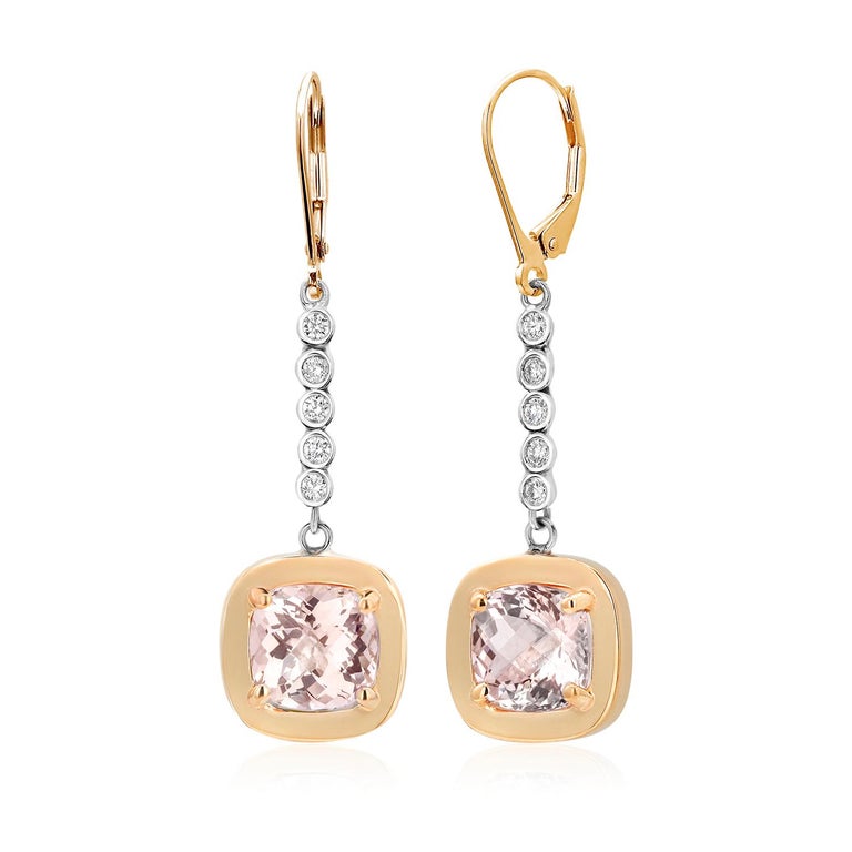Cushion Morganite and Diamonds White and Yellow Gold Lever Back Earrings For Sale 2