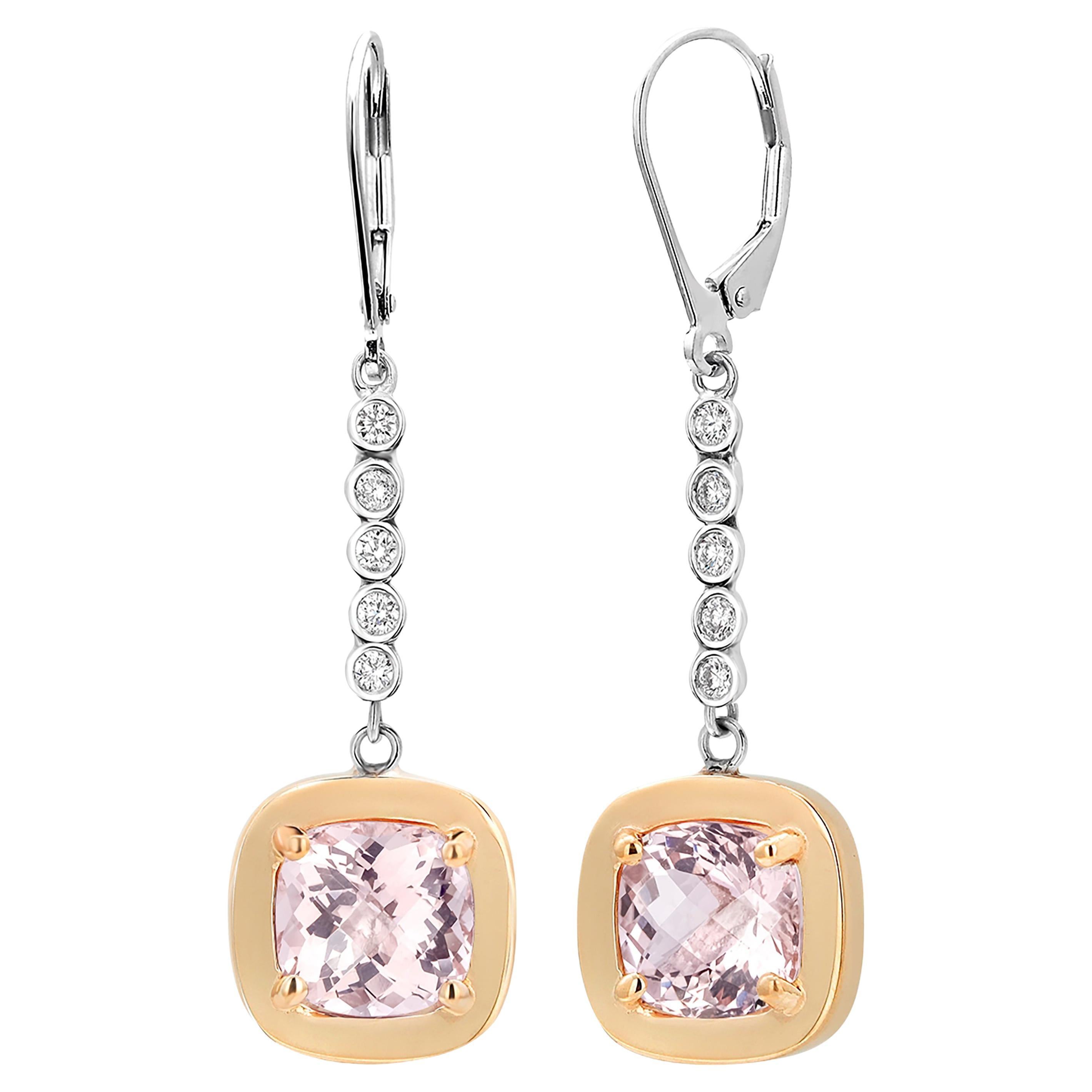 Cushion Morganite and Diamonds White and Yellow Gold Lever Back Earrings