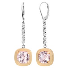 Cushion Morganite and Diamonds White and Yellow Gold Lever Back Earrings