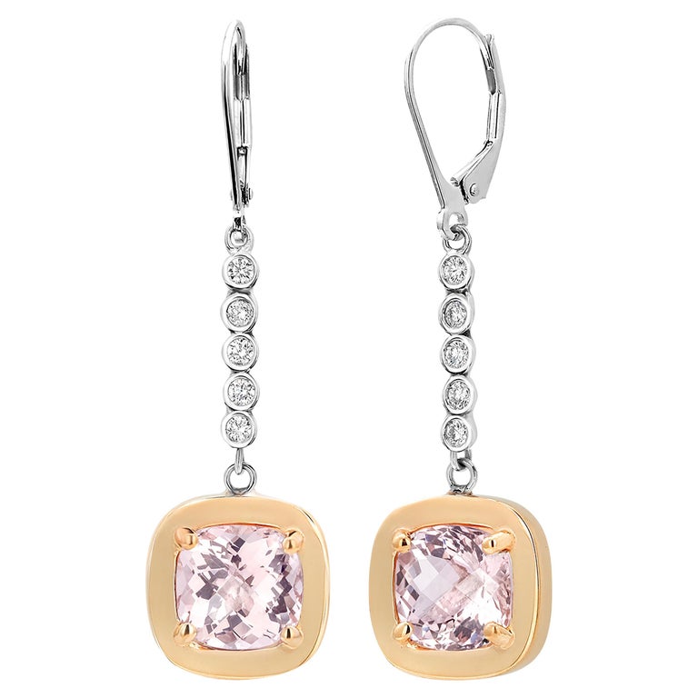 Cushion Morganite and Diamonds White and Yellow Gold Lever Back Earrings For Sale