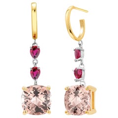 Cushion Morganite and Pear Rubies Gold Hoop Drop Earrings Weighing 8.50 Carat