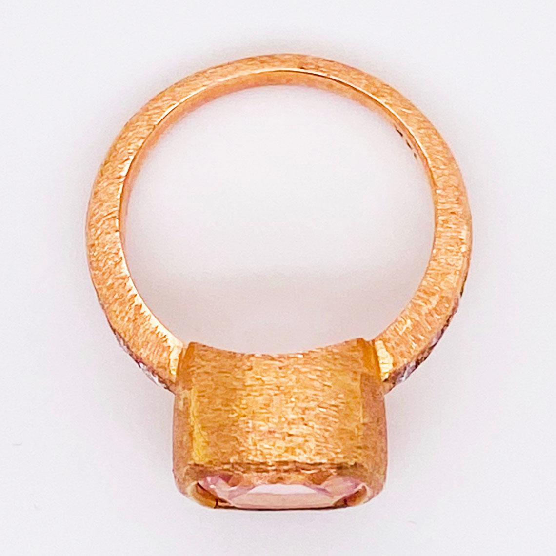 Artisan Cushion Morganite and Diamond Band 14 Karat Gold Custom Ring with Satin Finish For Sale