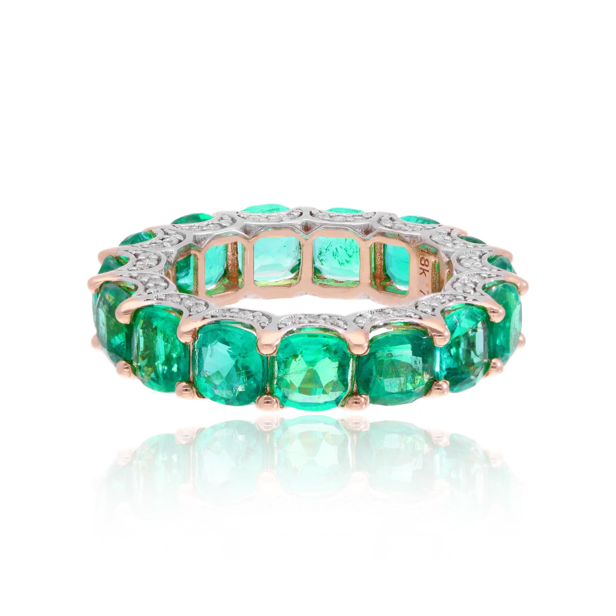 Cushion Natural Emerald Gemstone Band Ring Pave Diamond 18k Rose Gold Jewelry For Sale