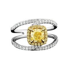 Cushion Natural Fancy Yellow Diamond Engagement Ring in 18 Karat Two Tone