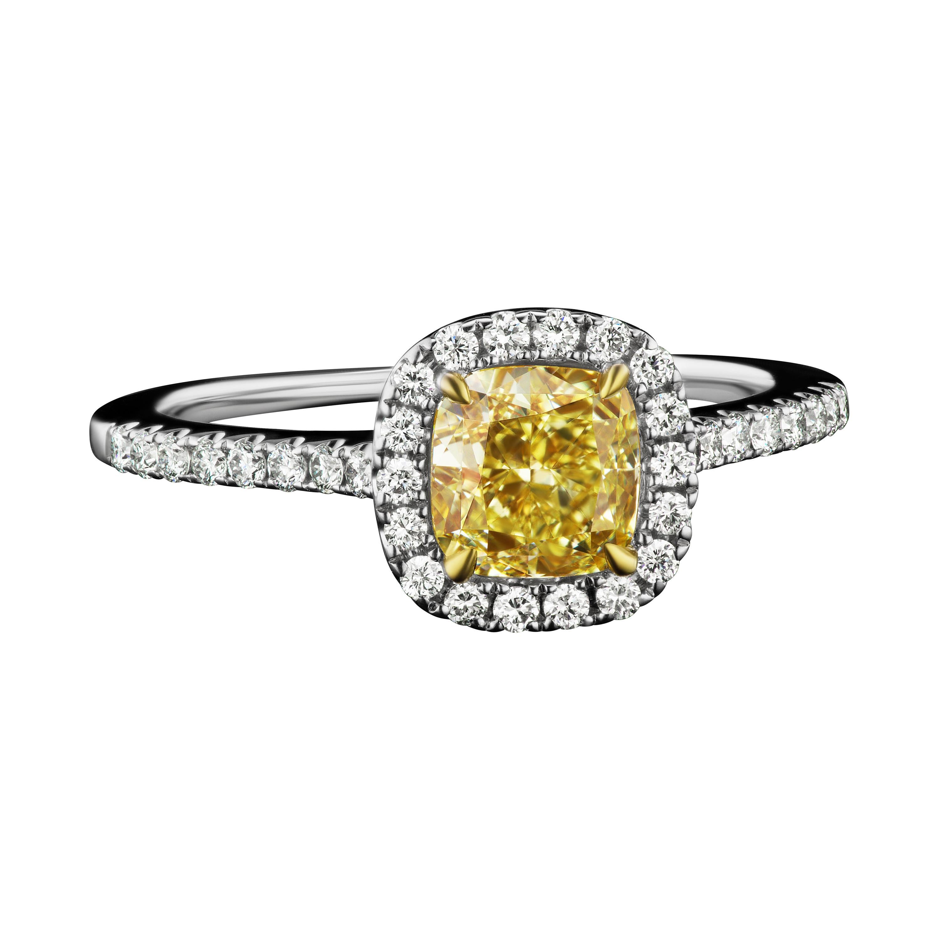 Cushion Natural Fancy Yellow Diamond Engagement Ring in 18 Karat Two Tone For Sale