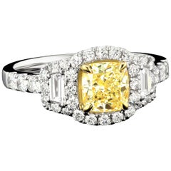 Cushion Natural Fancy Yellow Diamond Engagement Ring in 18 Karat Two-Tone