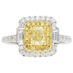 Cushion Natural Fancy Yellow Diamond Engagement Ring in 18 Karat Two-Tone