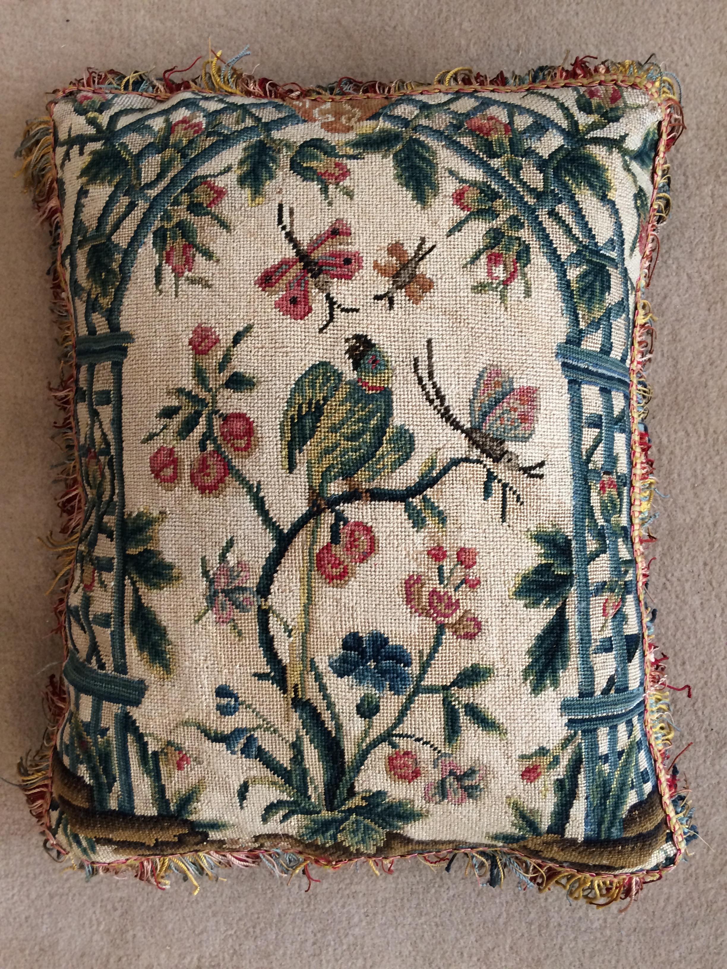 Textile Cushion of Late 18th Century French Needlework with a Green Parakeet For Sale
