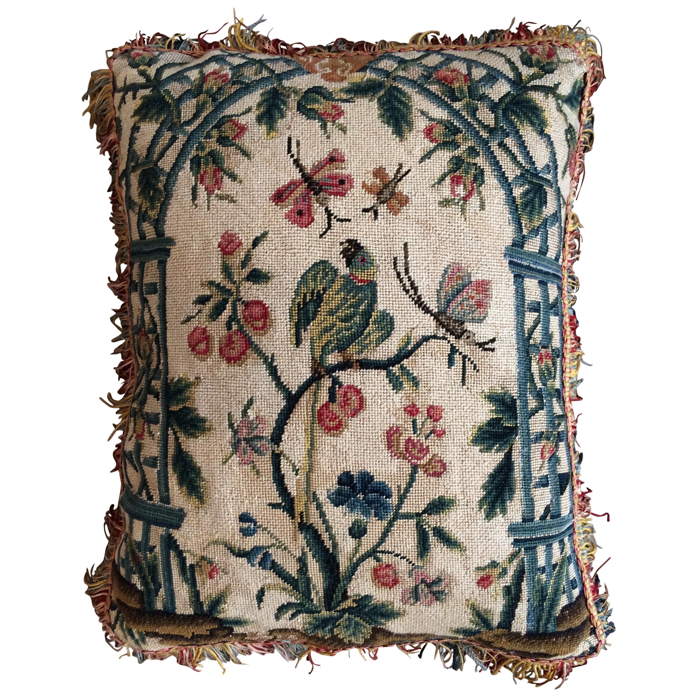 Cushion of Late 18th Century French Needlework with a Green Parakeet For Sale