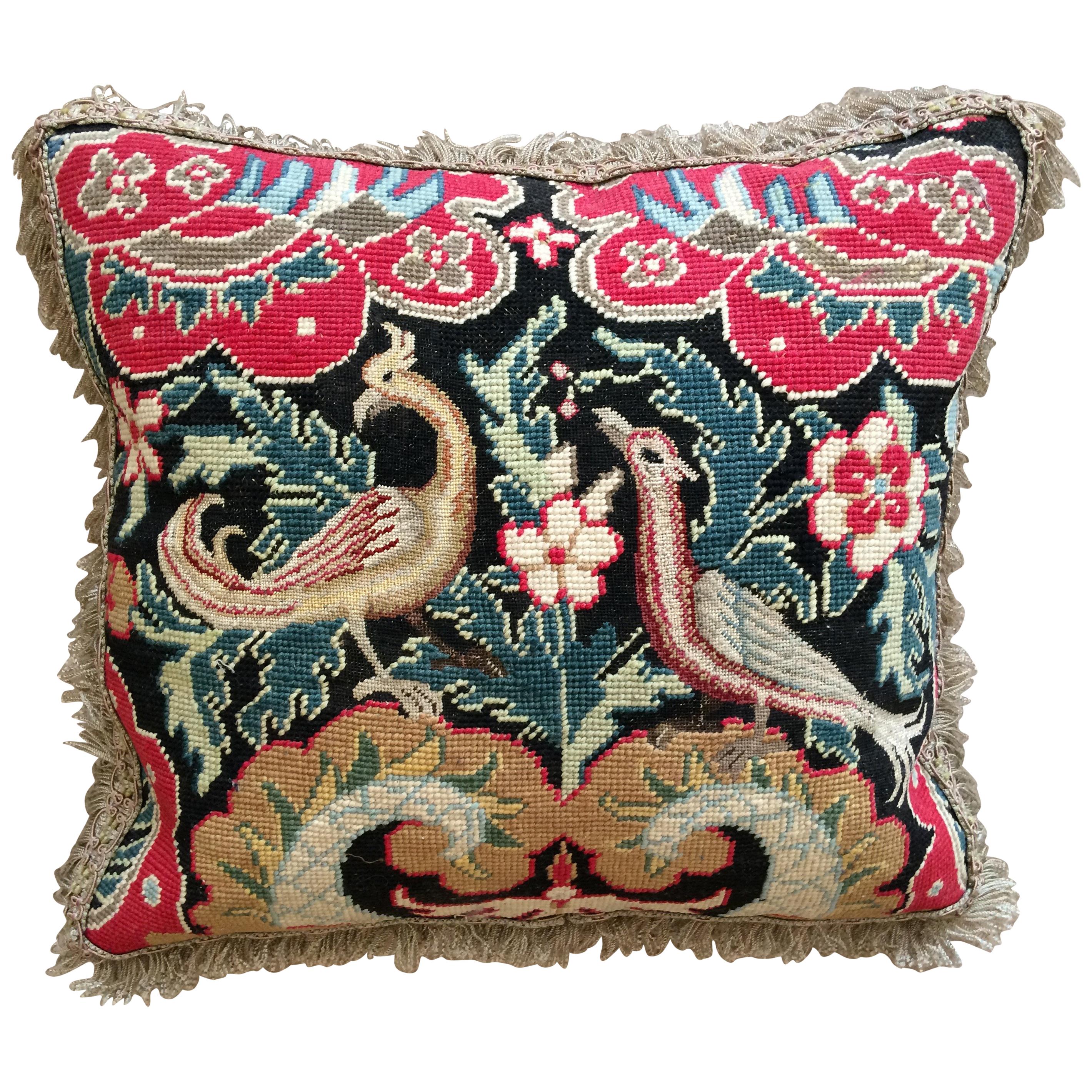 Cushion of Mid-18th Century French Needlework with a Black Ground For Sale