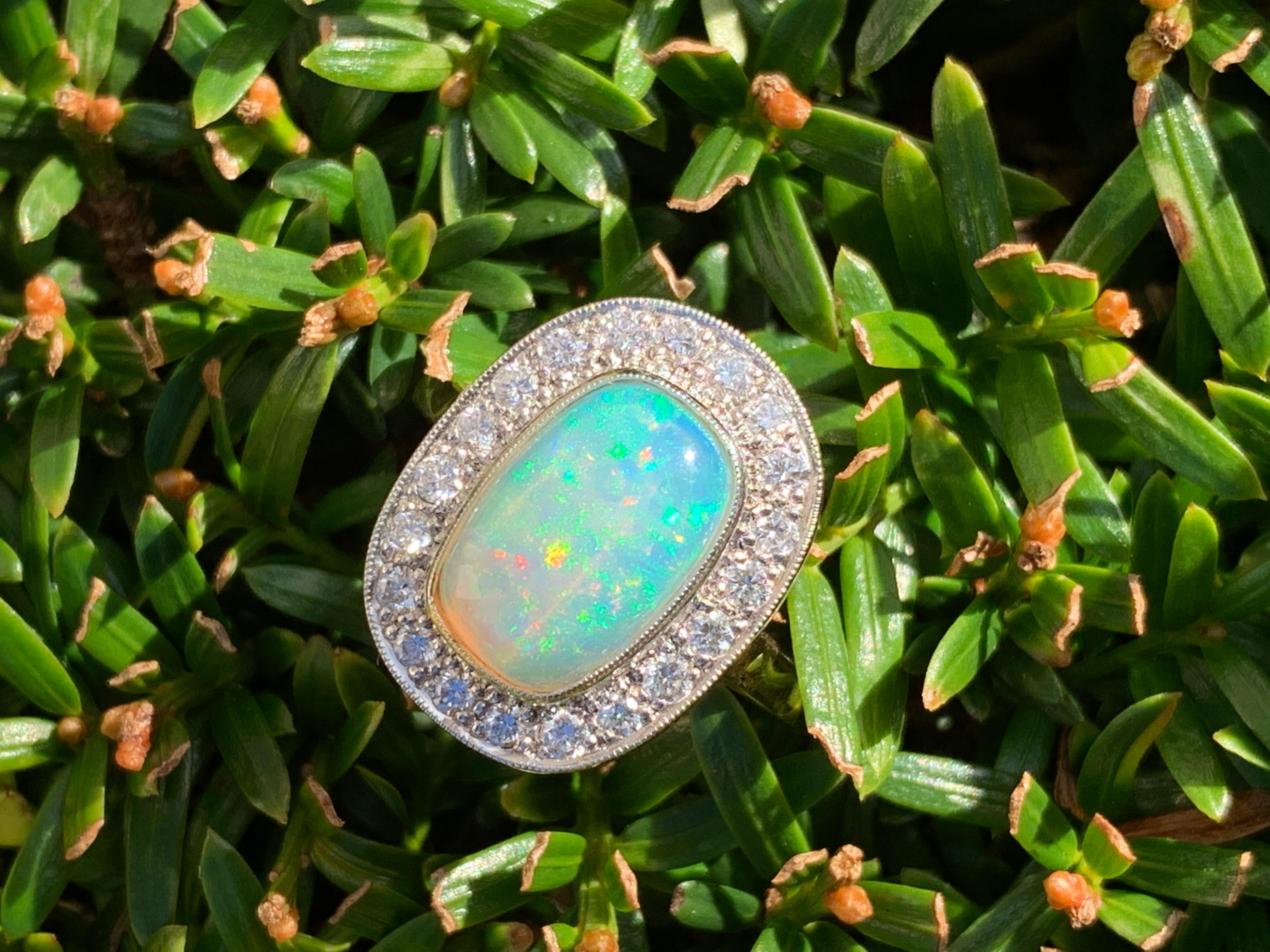 Cushion Opal and Diamond Cluster Ring 18 Karat Yellow and White Gold For Sale 6