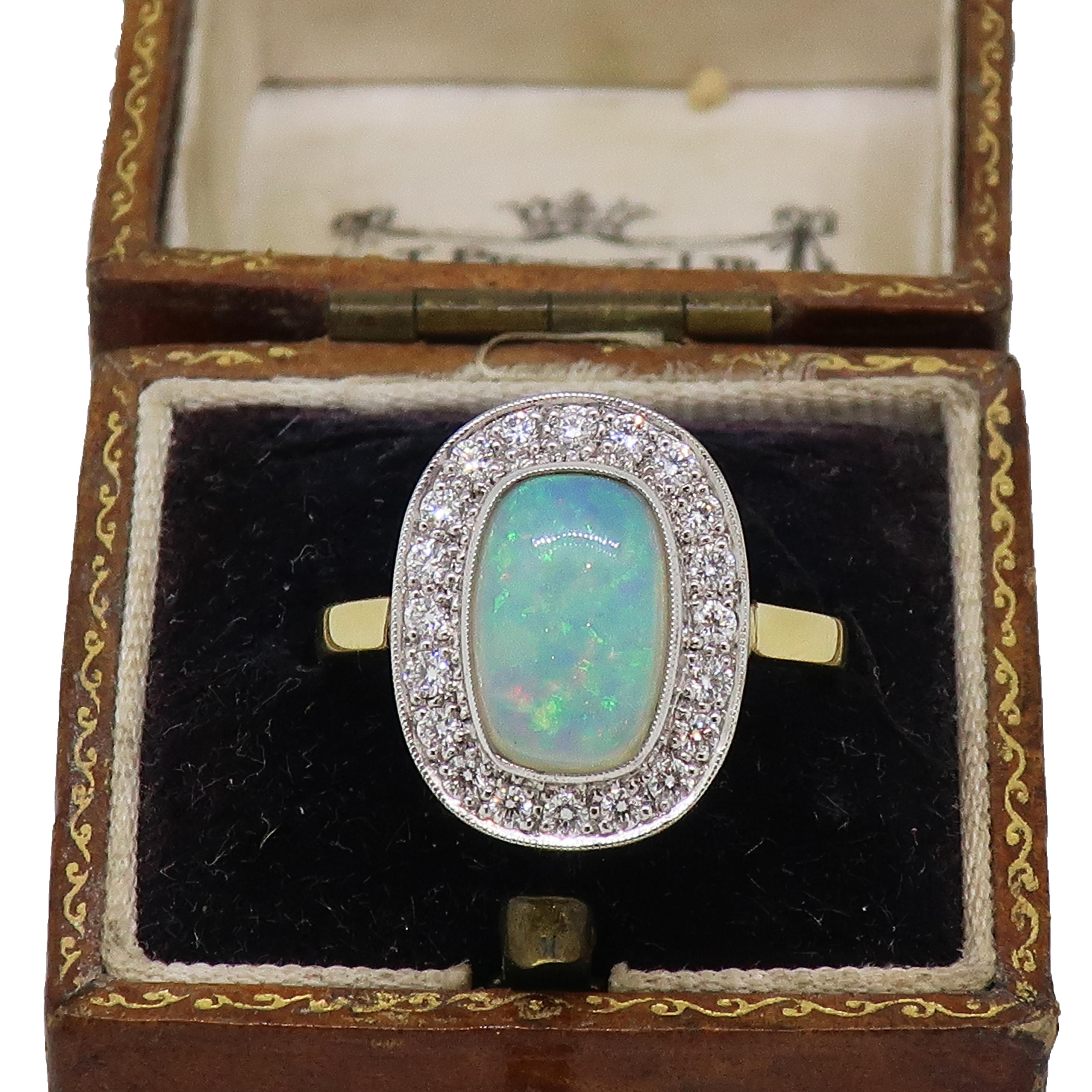 Cushion Opal and Diamond Cluster Ring 18 Karat Yellow and White Gold For Sale 1