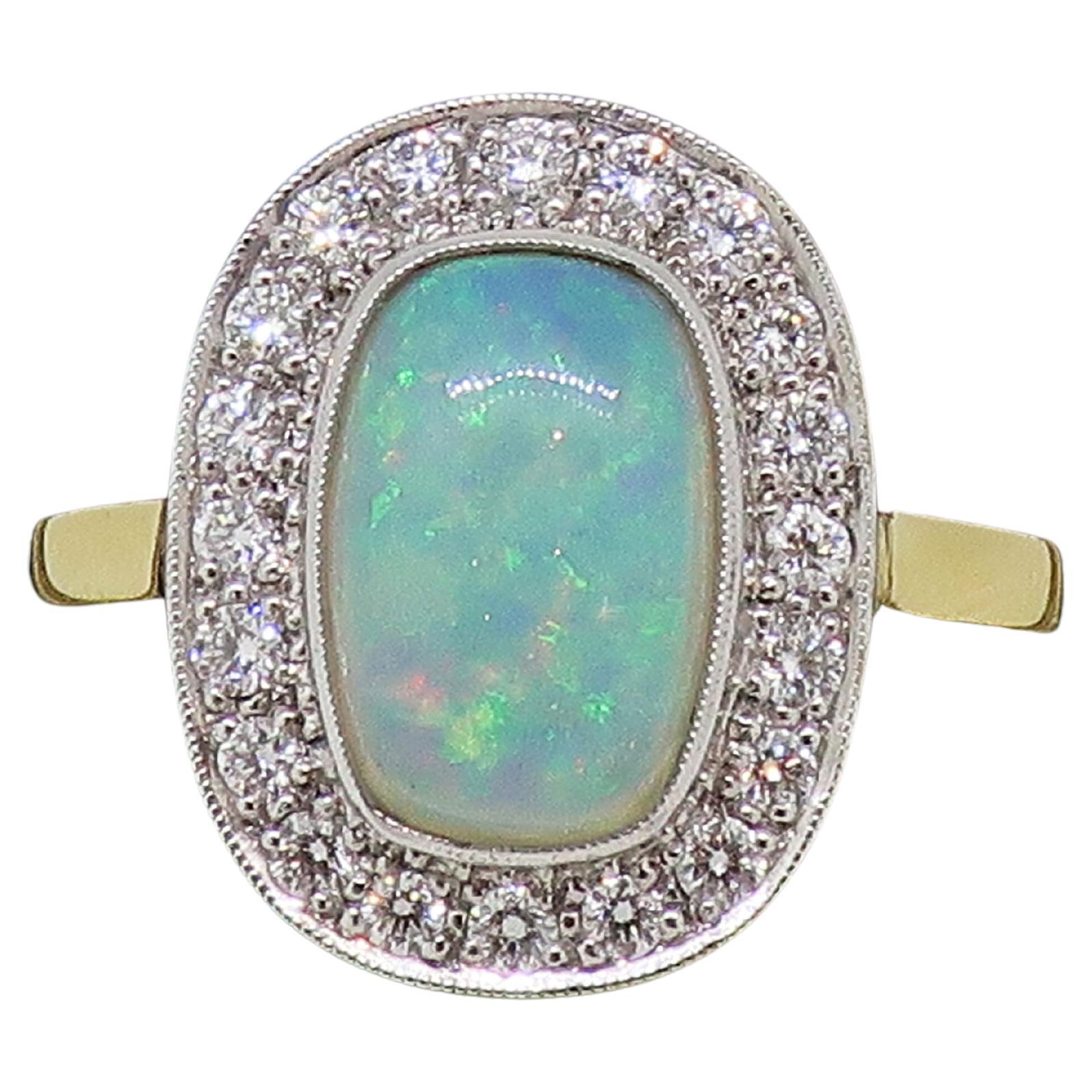 Cushion Opal and Diamond Cluster Ring 18 Karat Yellow and White Gold For Sale