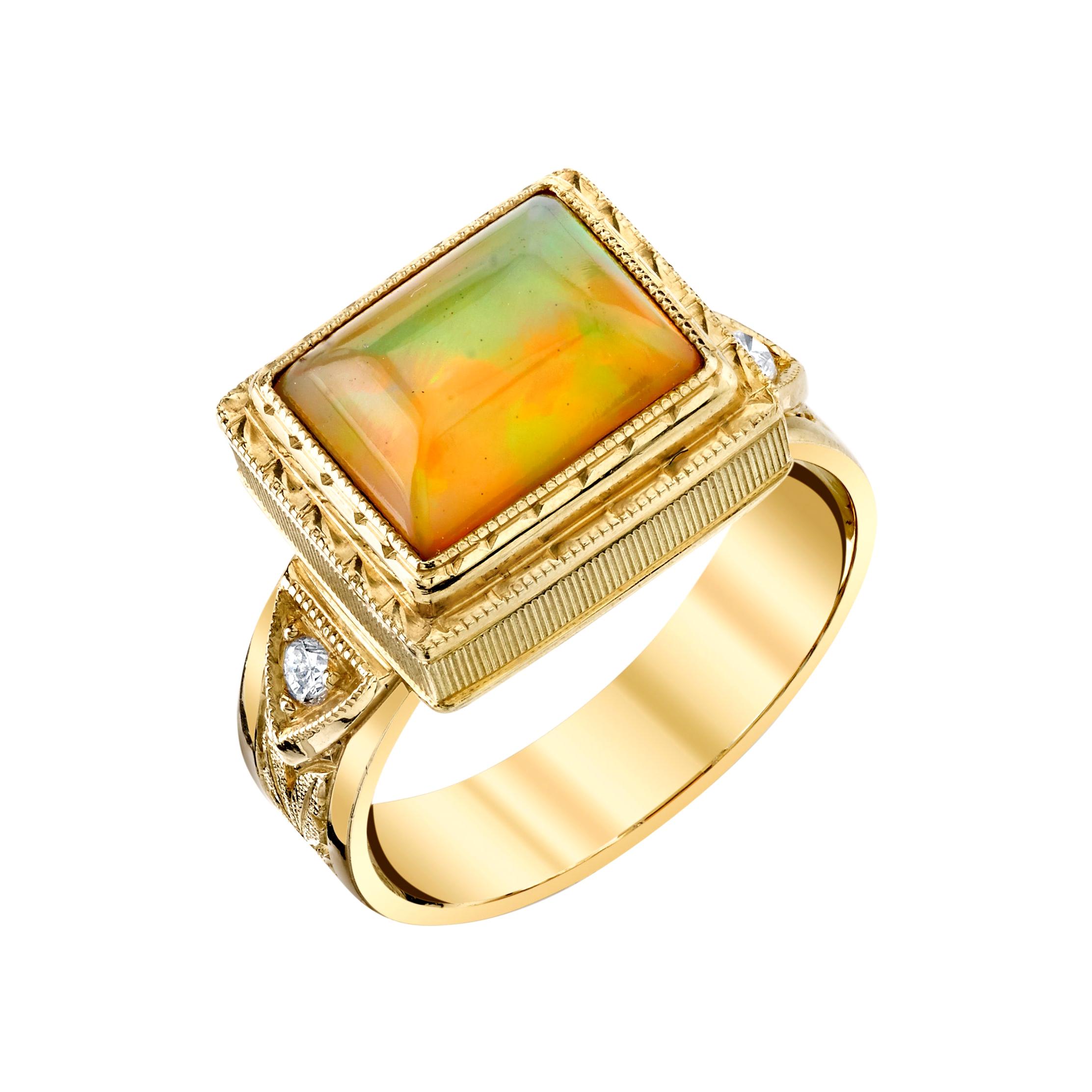  2.14 Carat Opal Cushion and Diamond Hand-Engraved Band Ring in 18k Yellow Gold 