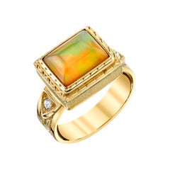  2.14 Carat Opal Cushion and Diamond Hand-Engraved Band Ring in 18k Yellow Gold 