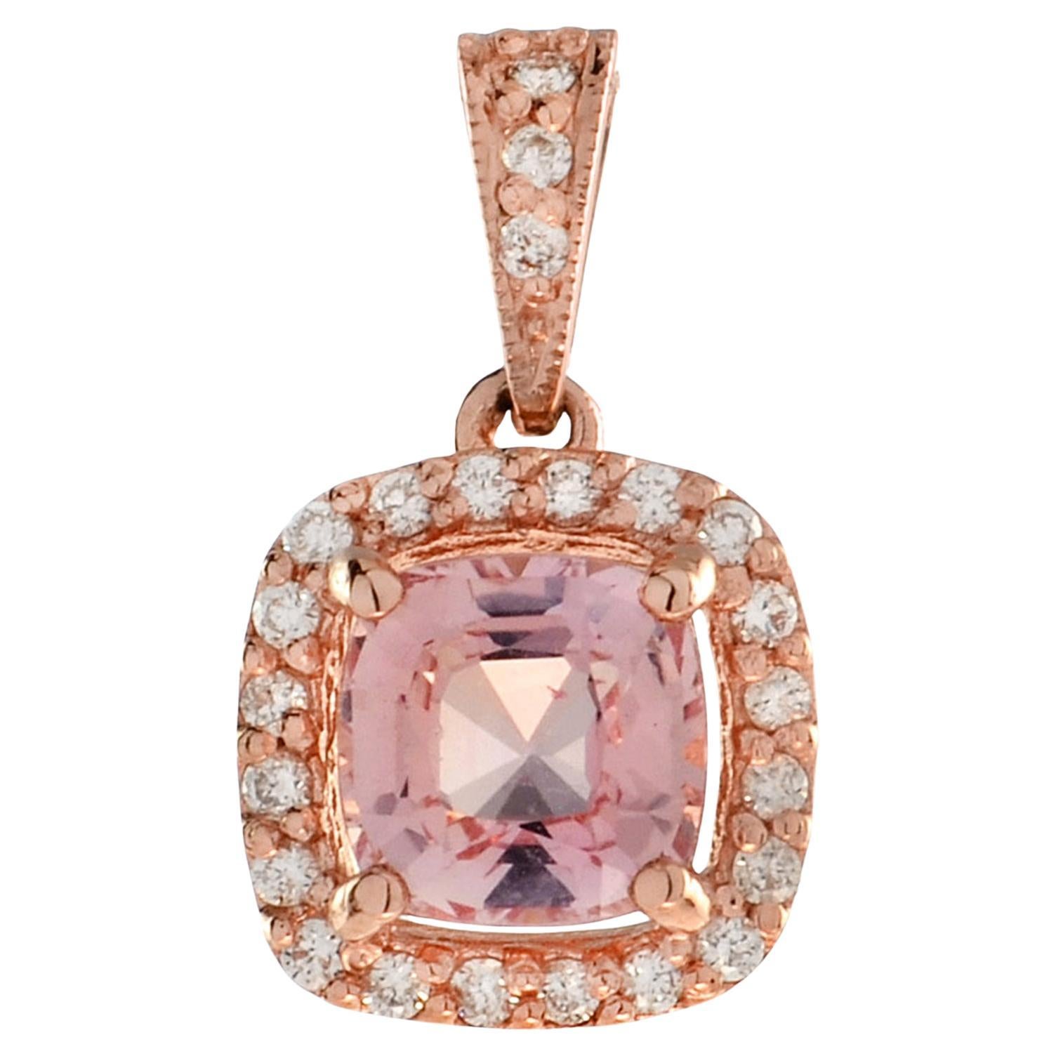 Cushion Peach Pink Morganite & Diamond Halo Set 14K Rose Gold Pendant en vente