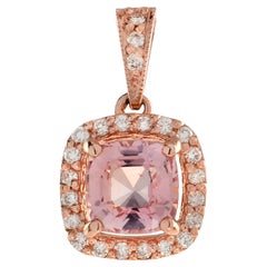 Cushion Peach Pink Morganite & Diamond Halo Set 14K Rose Gold Pendant