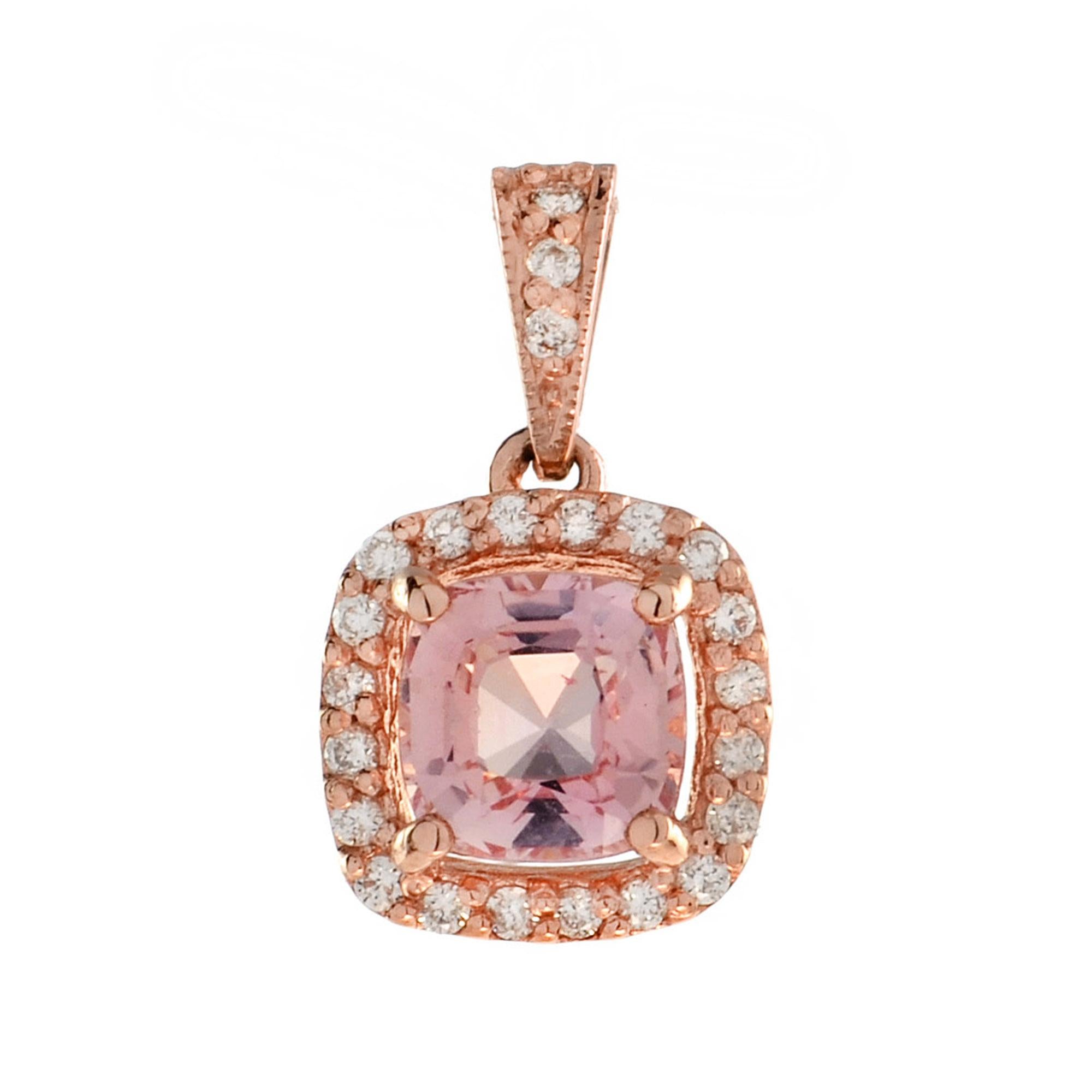 Taglio cuscino Cuscino di morganite rosa e diamante Anello dell'innamorato Orecchini pendenti in oro rosa in vendita
