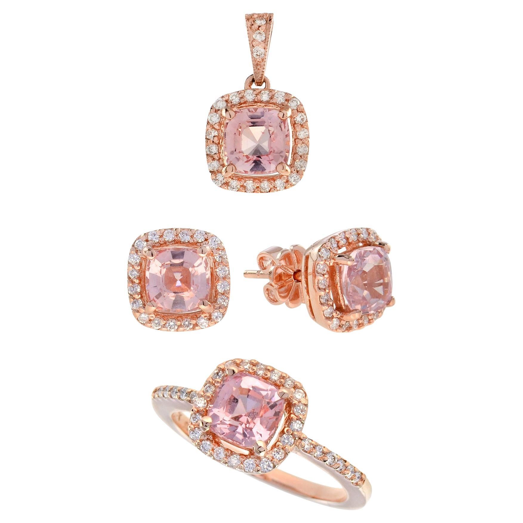 Cuscino di morganite rosa e diamante Anello dell'innamorato Orecchini pendenti in oro rosa in vendita