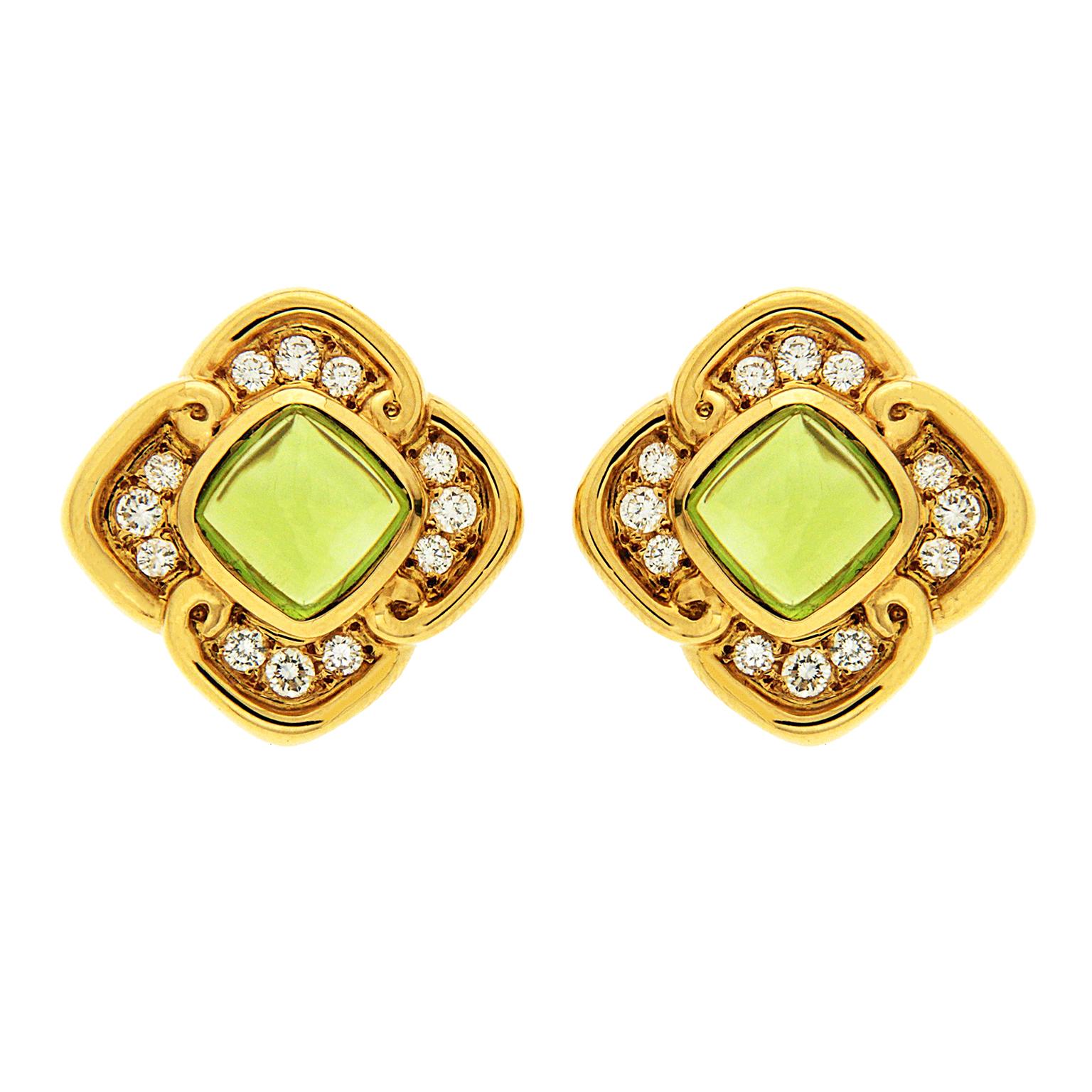 Cushion Peridot Diamond Gold Earrings