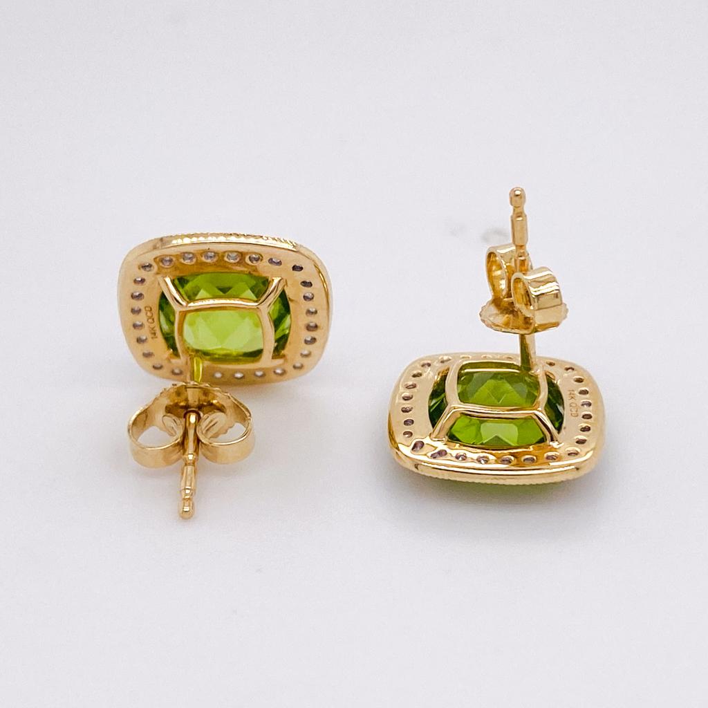 Kissenschliff Peridot Diamant Halo auf Spitze Ohrstecker 14K Gelbgold Texturierte Akzente Damen im Angebot