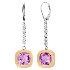 Cushion Pink Amethyst and Diamonds White and Yellow Gold Lever Back Earrings