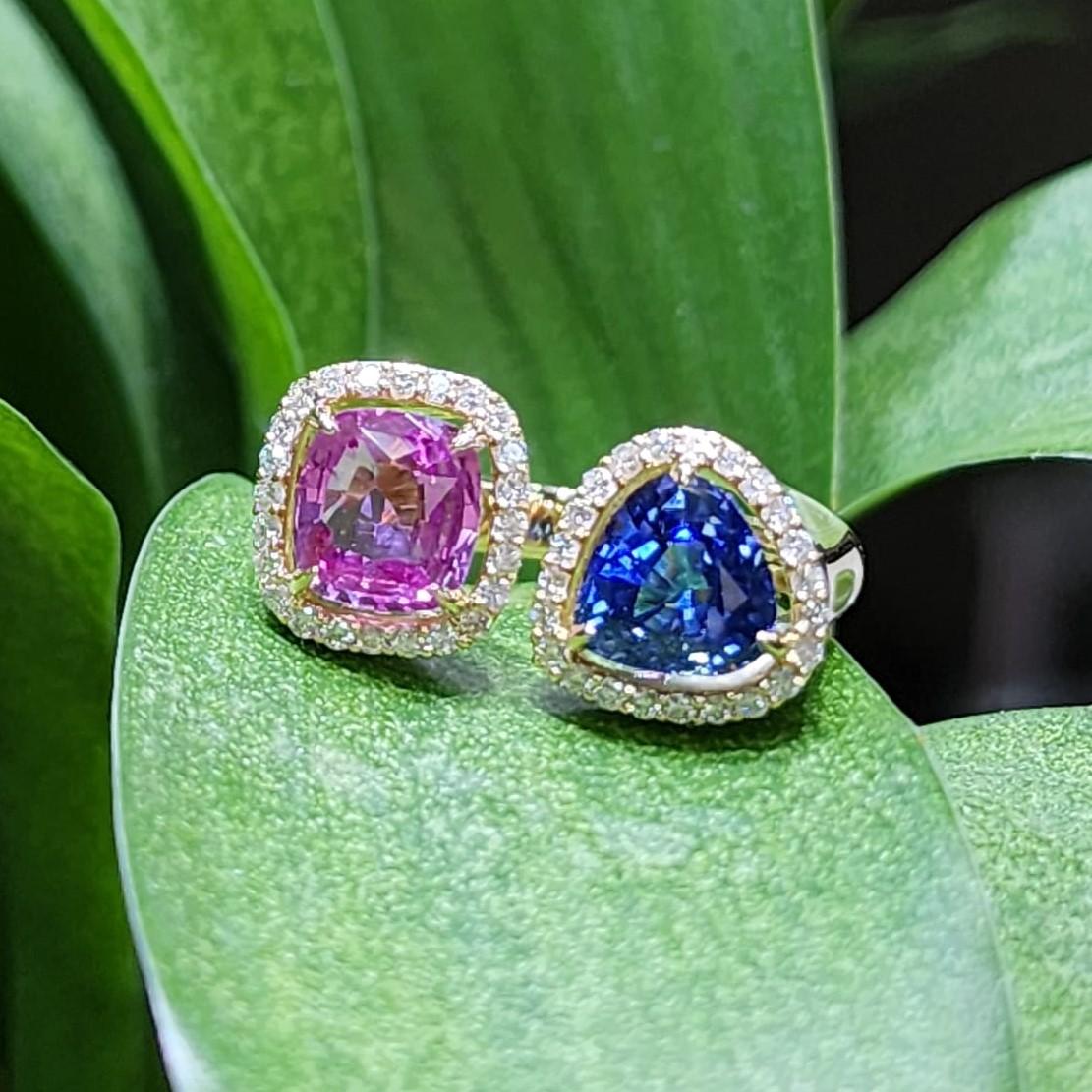 Cushion Pink and Blue Sapphire and Diamond Toi Et Moi Ring in 18k Yellow Gold 2