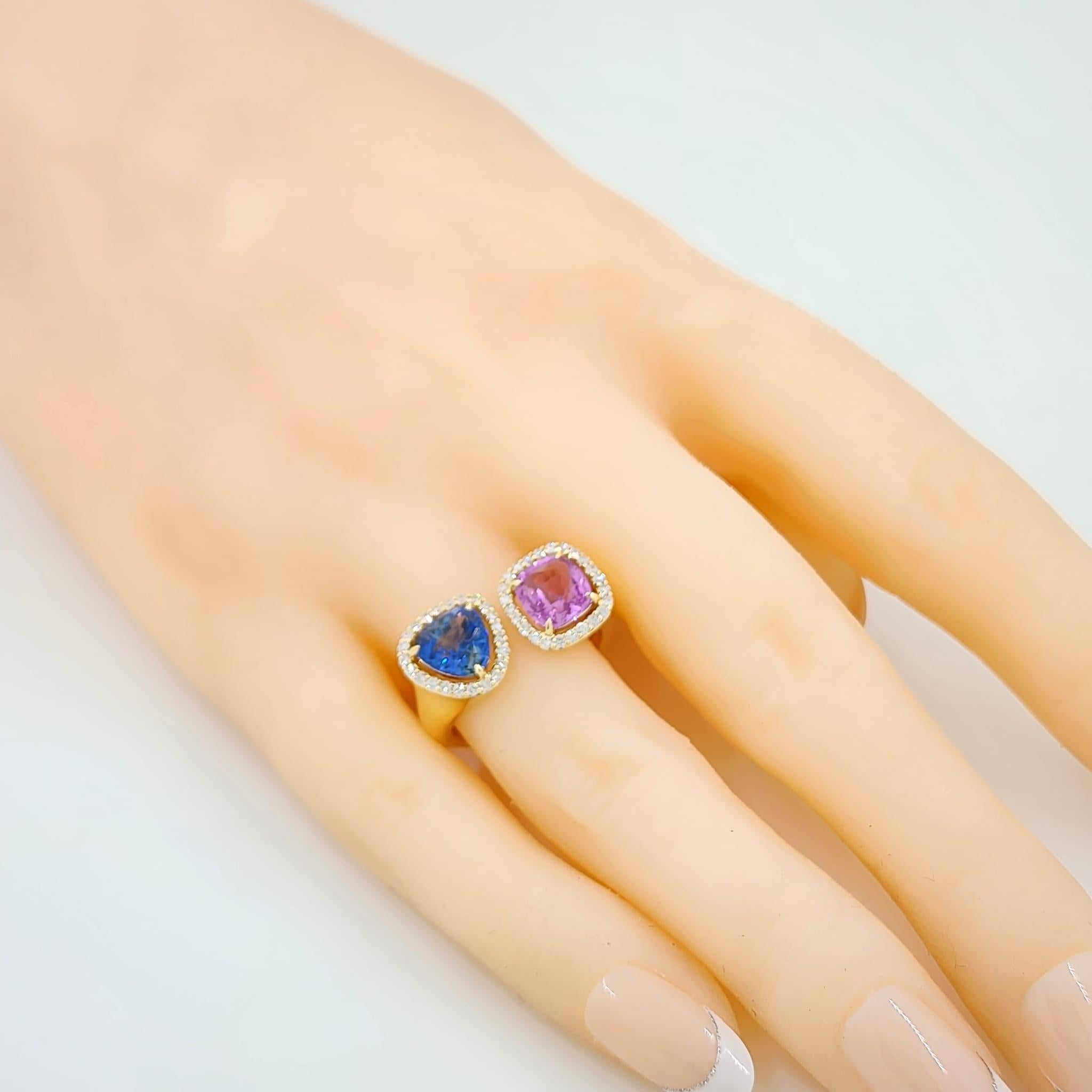Cushion Pink and Blue Sapphire and Diamond Toi Et Moi Ring in 18k Yellow Gold 1