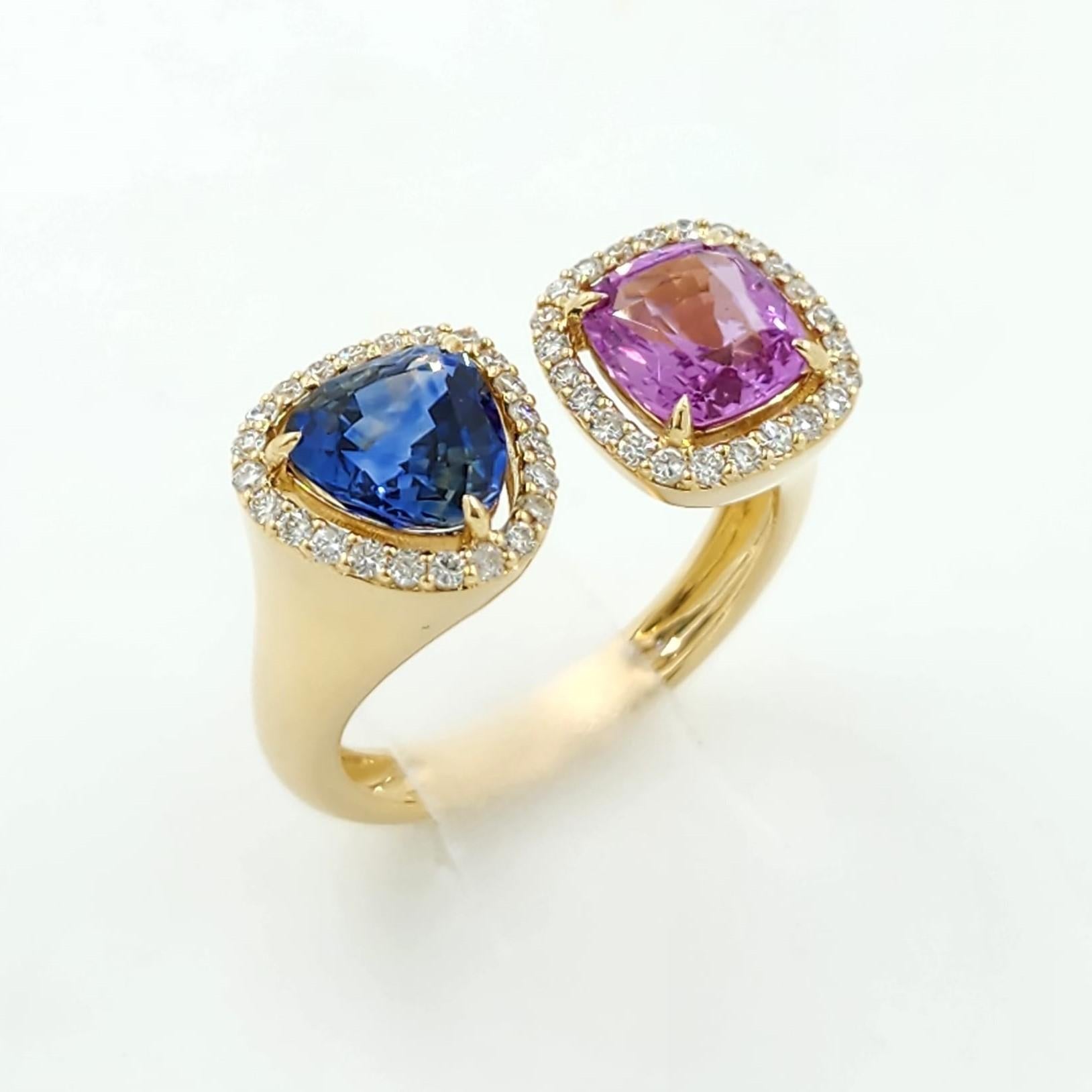 Contemporary Cushion Pink and Blue Sapphire and Diamond Toi Et Moi Ring in 18k Yellow Gold