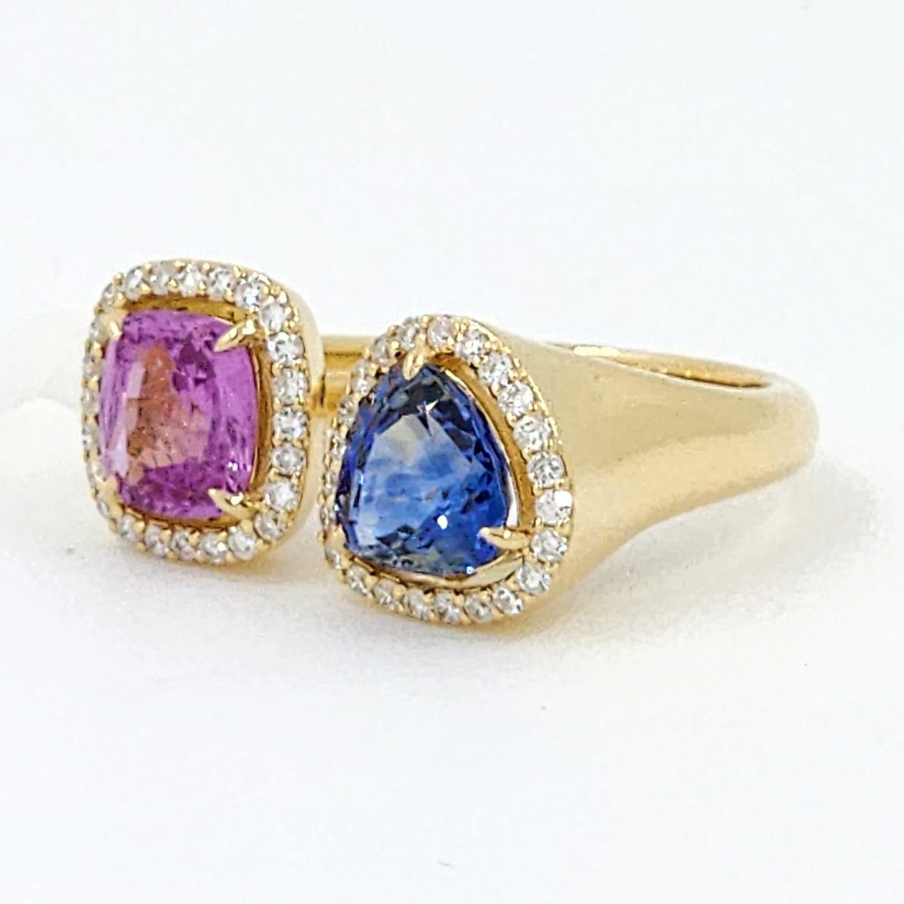 Cushion Cut Cushion Pink and Blue Sapphire and Diamond Toi Et Moi Ring in 18k Yellow Gold