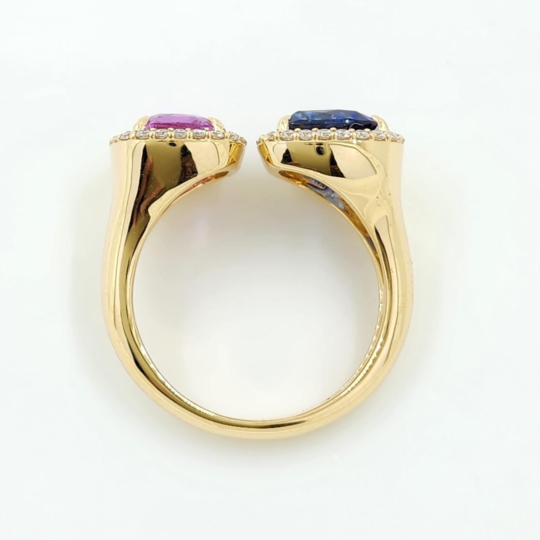 Women's Cushion Pink and Blue Sapphire and Diamond Toi Et Moi Ring in 18k Yellow Gold