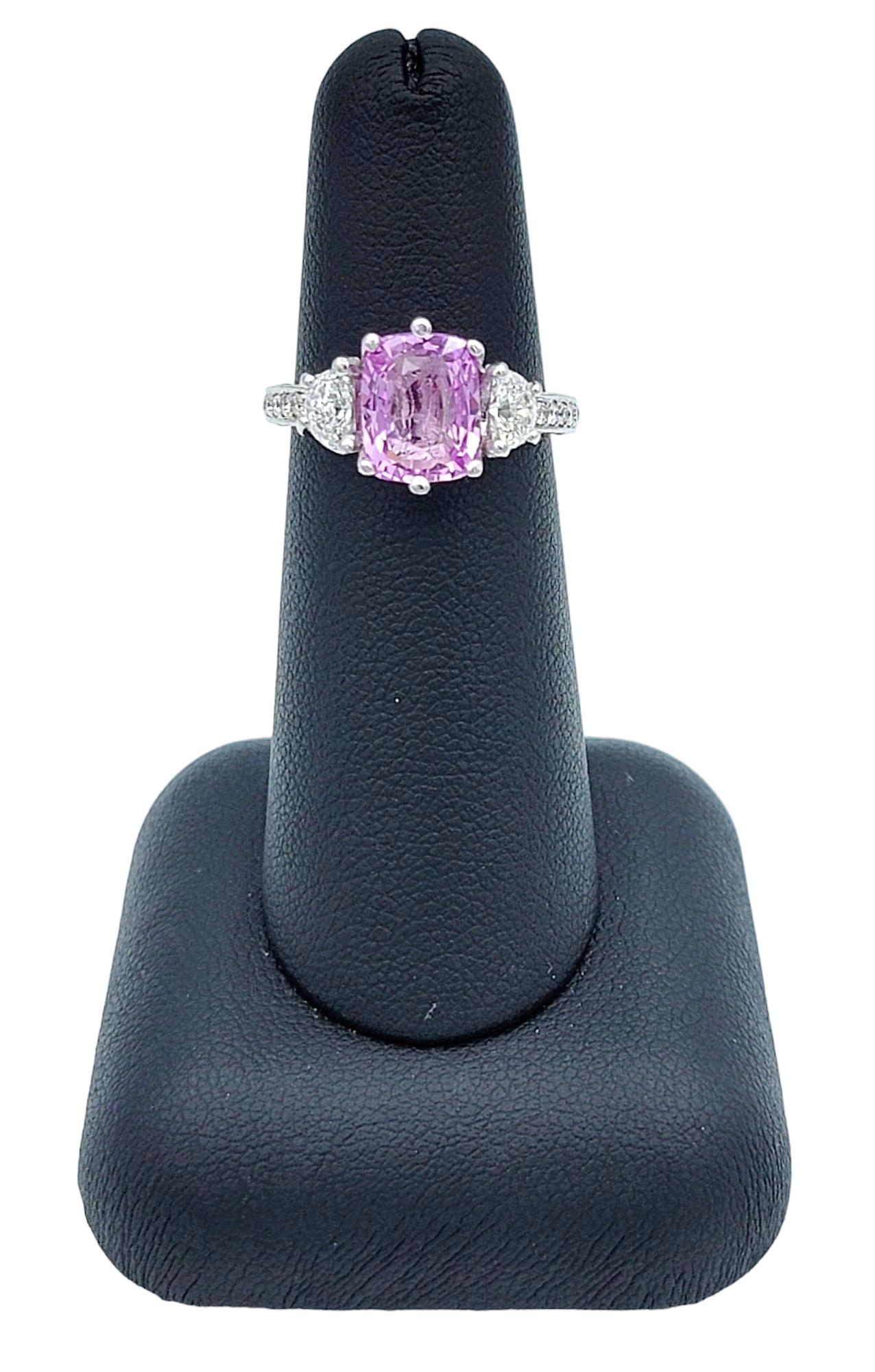 Cushion Pink Sapphire and Half Moon Diamond Three-Stone Ring Set in Platinum For Sale 4