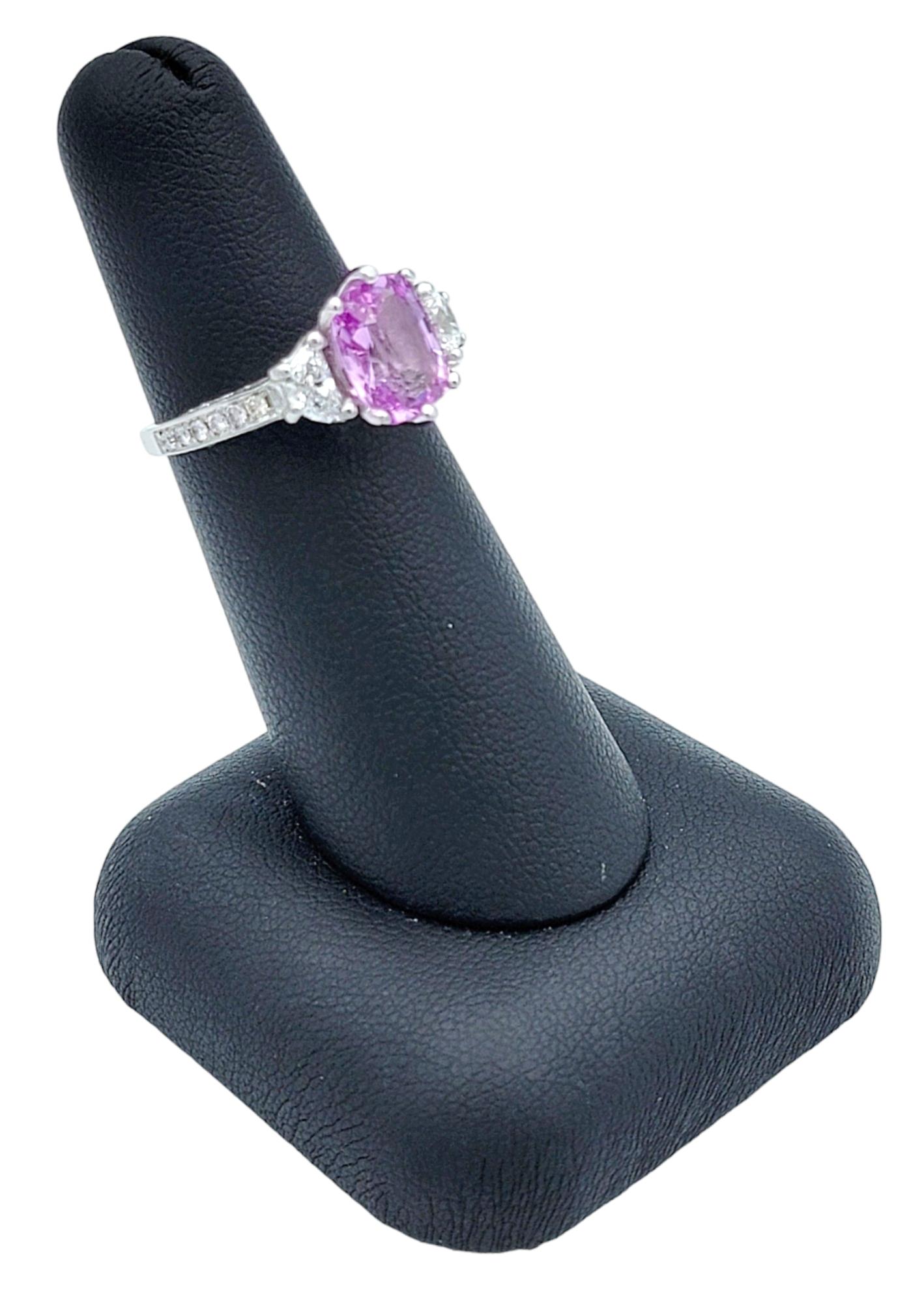 Cushion Pink Sapphire and Half Moon Diamond Three-Stone Ring Set in Platinum For Sale 5