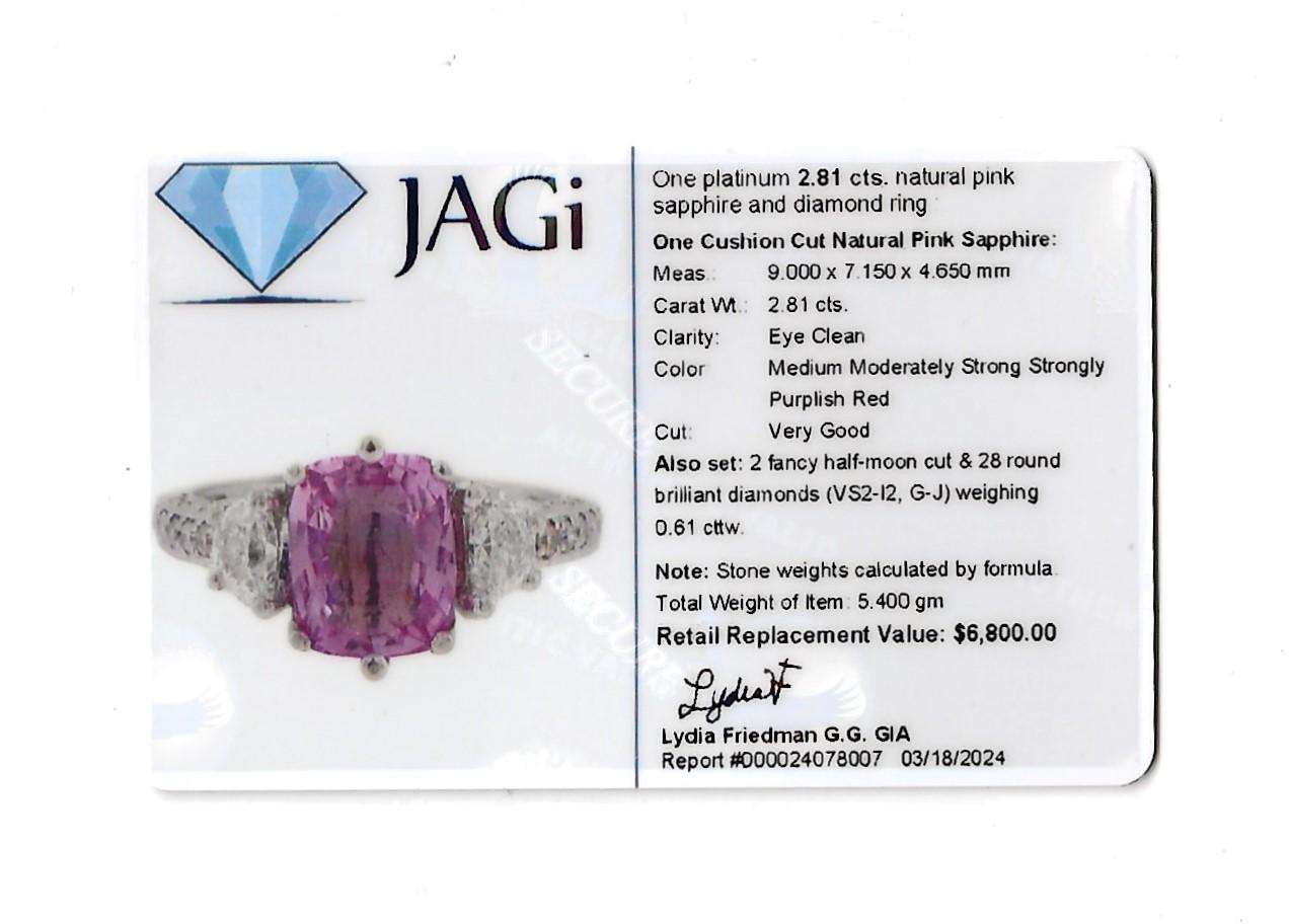 Cushion Pink Sapphire and Half Moon Diamond Three-Stone Ring Set in Platinum For Sale 6